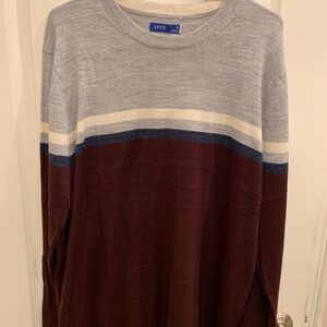 APT. 9 Men's XL Merino Wool Blend Sweater Gray Burgundy‎ Stripe Crewneck  New